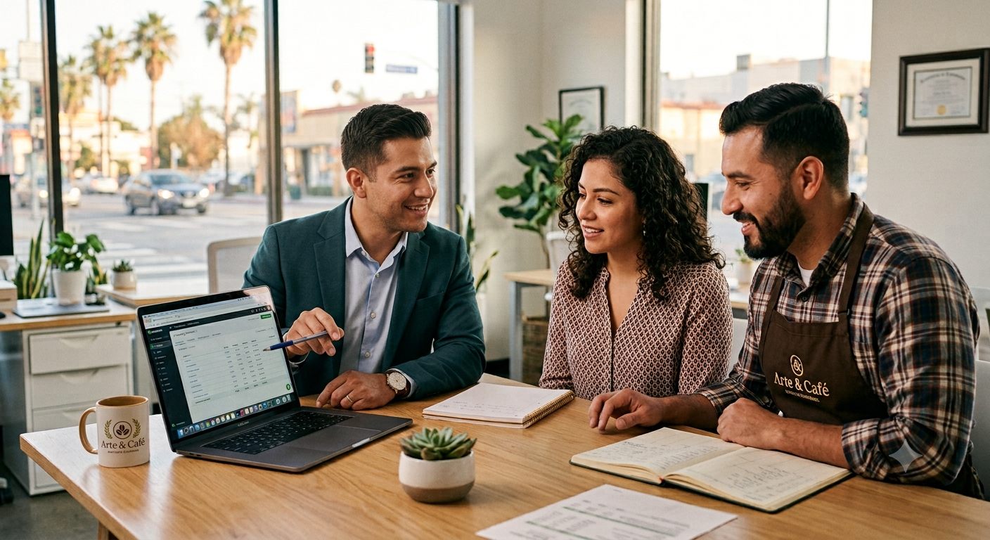 A Meliora advisor reviewing monthly reports on a laptop with two café owners.