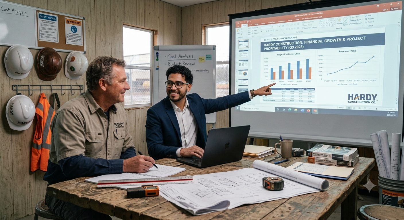 A Meliora advisor reviewing figures on site with a construction business owner.